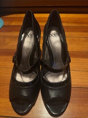 Sofft Black Peep-Toe Mary Jane Heels with Cross Strap